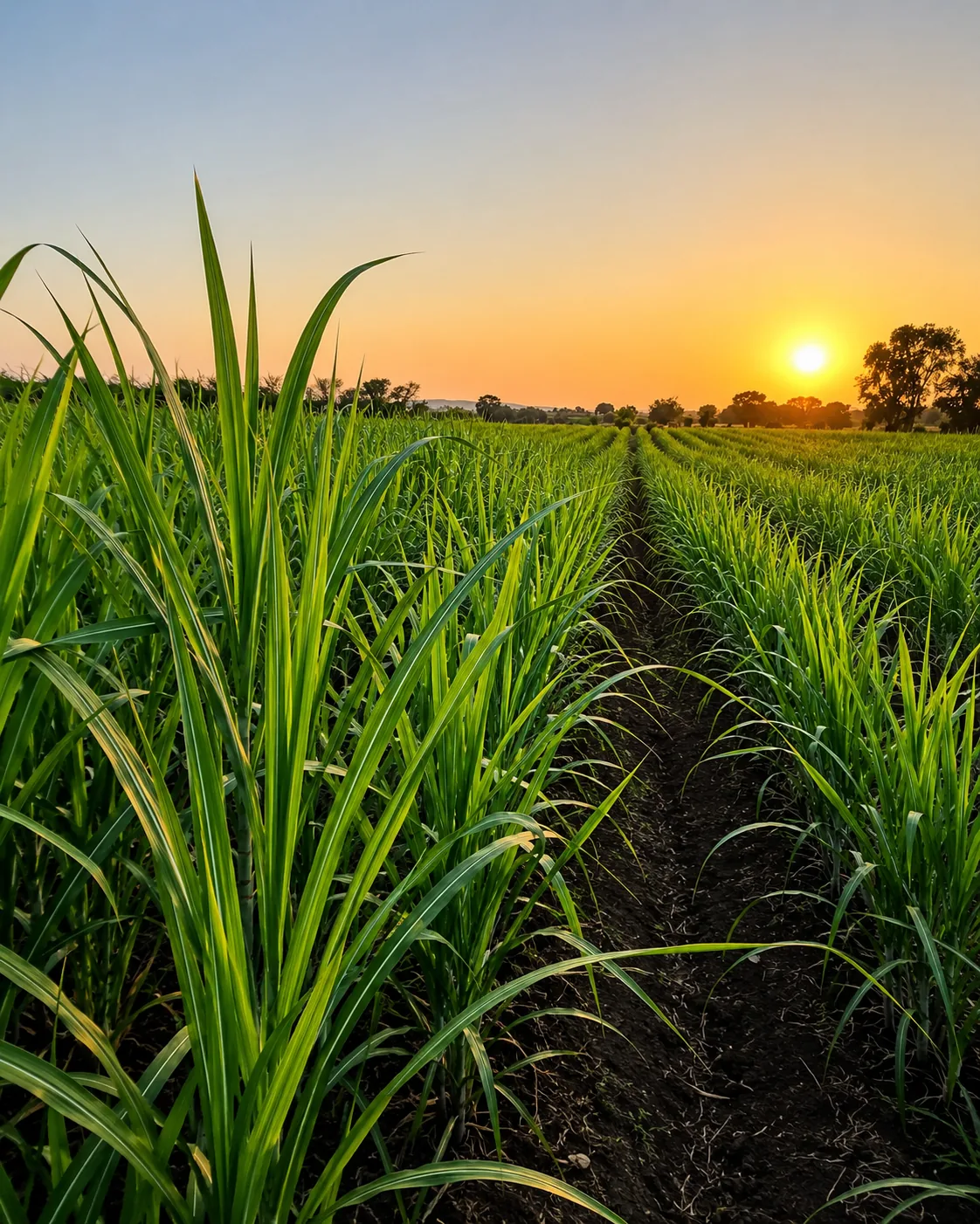 Indian sugarcane field at sunset
